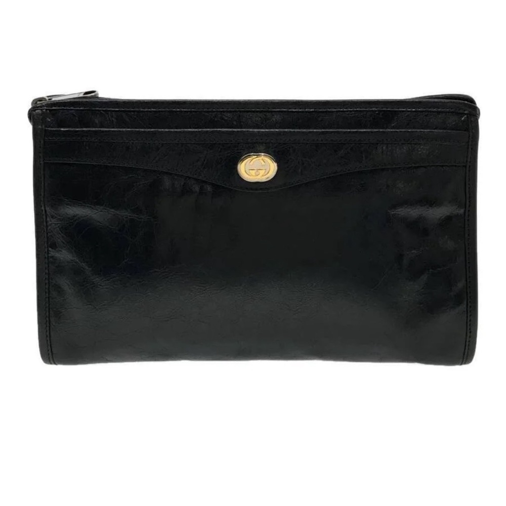 GUCCI clutch bag interlocking Marina GG black cracked leather EUC